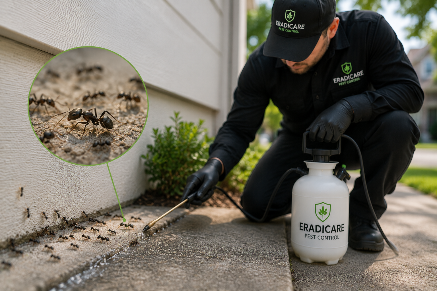 Ant Control Service in Stittsville Alt Text: Professional ant control treatment along a home foundation in Stittsville